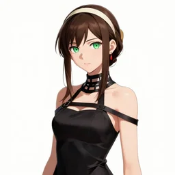 yor forger with perfect body with brown hair and green eyes, wearing an black dress, earring, red and black color palette, in the style of and ilya kuvshinov and greg rutkowski, high quality anime artstyle, intricate