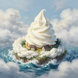 cottage on an island, spirals, white, fog swirly clouds, soft serve, ice cream, lush, spin, foam, braid, dreamy, whirlpool, creamy froth, volumetric light, gouache, cinematic, wide angle, octane render, high details, waves, knife painting, saturated, rhads, anton fadeev, ghibli, trending on artstation