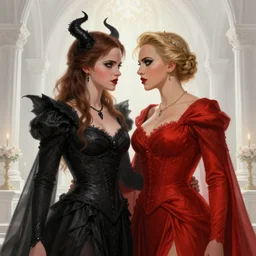 a beautiful and detailed illustration of a lesbian wedding between emma watson as an evil pyromancer and scarlet johansson as a red mage, dark eyeliner, highly detailed, digital painting, unholy union, white church background, god rays, volumetric lighting, octane render, 4 k resolution, trending on artstation, masterpiece, in a luminist baroque style