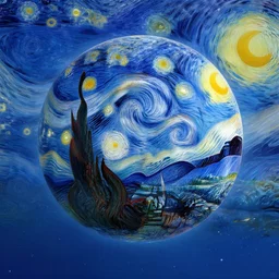 A Dyson Sphere being built around a star in the style of Van Gogh