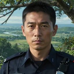an ultra realistic, cinematic, headshot portrait, of a policeman, branches, facial features, background of a vast serene landscape, with trees and rivers, detailed, deep focus, movie still, dramatic lighting, by michal karcz and yoshitaka amano