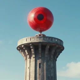 high round tower with a huge red sauron eye floating at the top, artstation award winner