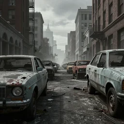 Zombie apocalypse, city, abandoned vehicles in the streets, Octane Render