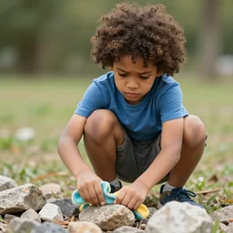 small curly haired afro causian boy cleaning up rocks looking sad! n 9
