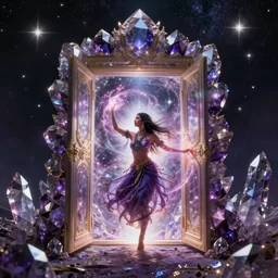 a shamaness swiling energies around her entering the world of dreams through a giant crystal amethyst door full of light and surrounded by stars, fantastic, surrealism, art by christophe vacher