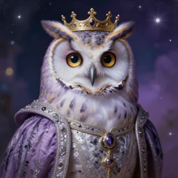 close-up portrait of anthropomorphic owl Prince, man with a head of barn owl, glowing eyes, in a crown, wearing long royal robe, lilac, silver, black, bokeh, blurred space, stars, dreamy, romantic, painting in the museum, highly detailed, sharp focus, digital painting, artwork, by John James Audubon by Victor Adame Minguez by Yuumei by Tom Lovell by Sandro Botticelli