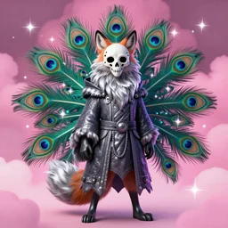 stylized fox character, long fluffy fur, skull shaped mask, mage clothes inspired by a peacock, 9 brilliant peacock tails, painted by stephen silver, sparkles, pink cloud background, vhs effect, dnd beyond, fae, neon