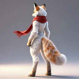 full body of anthropomorphic lynx fursona from behind wearing scarf as a woman with lynx head, tail, furry paws with no boots, by tanidareal, irakli nadar, intricate linework, unreal engine, fantasy style, perfect angle, radiant lighting, vibrant color scheme, 3 d render, detailed highly lighted white fur, realistic fur