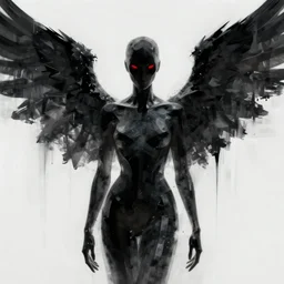 dark shadow abstract humanoid with wings and red eyes high quality highly detailed photo realistic 8 k
