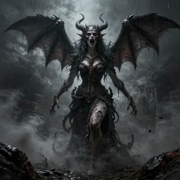 ☠ lilith the mother of all monsters angry, raining ash, fine art masterpiece, highly detailed dino valls wayne barlowe machiej kuciara, dramatic lighting, long shot, wide angle, uhd 8 k, sharp focus