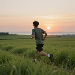 Render of a young man running through a lush green countryside, with the sun setting over the sea, trending on artstation, 4k, soft focus