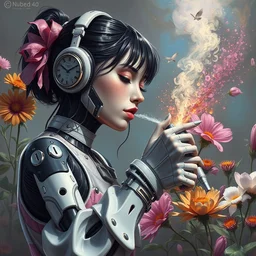 a woman cyborg watering flowers, airbrush painting, 1 9 8 0 s digital scan