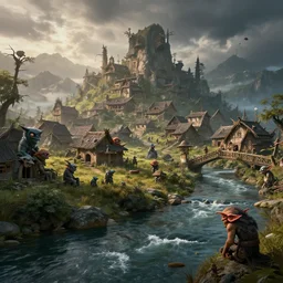 a goblin village near a river, photorealistic, 8k, high detail, high quality, dramatic lighting, HDR