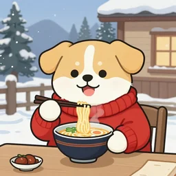 cute fat anthropomorphic dog boy eating ramen in a red turtleneck sweater in a cottage on a cold winter day, detailed, 4K, trending on pixiv