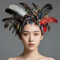 hyper realistic woman with a weird head piece on her head, made of paperclips, made of insects, made of feathers, hybrid, bold natural colors, panfuturism, masterpiece, trending on artstation, photograph