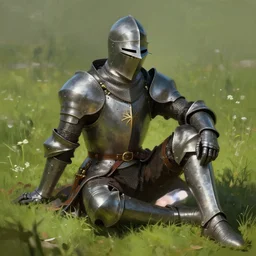 a male knight sitting on the grass, highly detailed, digital painting, artstation, concept art, wallpaper, smooth, sharp focus, illustration, art by artgerm and greg rutkowski and alphonse mucha