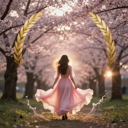 symmetry!! a 2 8 mm macro photo from the back of a woman in flowing pink dress in front of a blooming cherry tree, seen from a distance, splash art, movie still, bokeh, canon 5 0 mm, cinematic lighting, dramatic, film, photography, golden hour, depth of field, award - winning, anamorphic lens flare, 8 k, hyper detailed, 3 5 mm film grain