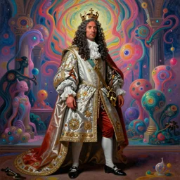 beautiful oil painting, full length portrait of dwayne Johnson as Louis xiv in baroque coronation robes 1701, Dan Mumford , Dan Mumford,  hyacinthe rigaurd , Alex grey, highly detailed , lsd visuals, dmt entity , visionary art, psychedelic art, ornate, vaporwave, baroque, Greg rutkowski