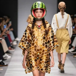beehive hexagon poncho, watermelon helmet, fashion catwalk, fashion photography, f / 8, 1 0 0 mm