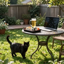 a tray of sushi, a beer, and a laptop on a round garden table on a grassy terrace, on a sunny day. a black cat is standing on the grass