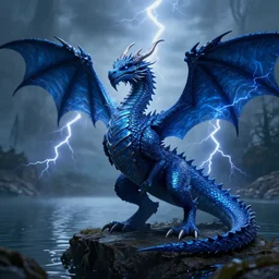 blue dragon ghost, lightning, lake background, gerald brom, hyper detailed, 8 k, fantasy, dark, grim