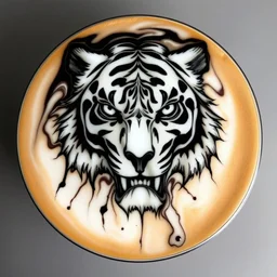 latte art, reaction diffusion, water, abstract, liquid, swirly, black and white tiger head, skull, ink, latte art, by james jean