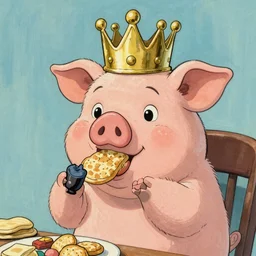 trippy comic art of a pig wearing a gold crown eating snacks, drawn by Martin Rowson, Tim Burton, Studio Ghibli, Alex Pardee, Nekro Petros Afshar, James McDermott, colors by lisa frank, unstirred paint, vivid color, cgsociety 4K