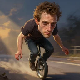 Ben Shapiro riding a unicycle, Ben Shapiro face, sigma male, accurately portrayed, portrait art by alphonse mucha and greg rutkowski, highly detailed, digital painting, concept art, illustration, dim lighting with twilight rays of sunlight, trending on artstation, very detailed, smooth, sharp focus, octane render, close up
