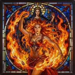 ultra realist breathtaking detailed soft painting of a beautiful fire dancer girl, long fire hair, symmetrical facial features, christian saint, in the middle of a stained glass of flames, art nouveau frame, by wlop, Tom Bagshaw, Rebecca Guay, trending on artstation