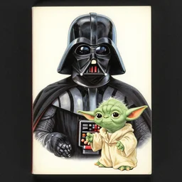 a romance novel cover from 1 9 8 3, paperback, drawing, darth vader, yoda on the cover, romantic