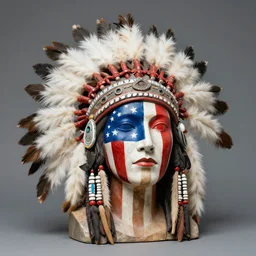a beautiful portrait sculpture designed by Sandra Chevrier, american indian headdress, American stars and stripes on face, by Annie Leibovitz