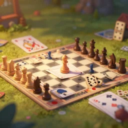 in the land of playing cards, chess pieces and dominoes, game pieces come to life, storybook, beautiful, soft lighting, artstation,