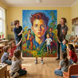 crazy dumbest kids in kindergarten around one big masterpiece painting in center of room, cinematic colors, realistic shaded lighting poster by ilya kuvshinov, magali villeneuve, artgerm, jeremy lipkin and michael garmash and rob rey