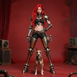 a beautiful red - haired cyborg girl with steampunk iron legs stands in the dog pose in the red room