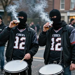 two thugs smoking and drinking in the street wearing balaclavas, drum & bass, football hooligans, pressshot, dystopian