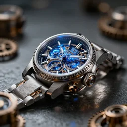 complex 3 d render of a futuristic steampunk watch lying on a table, high detail, sharp focus, glowing blue interior components, intricate detail, depth of field, bokeh, cinematic lighting and composition, octane render, film grain, ulysse nardin