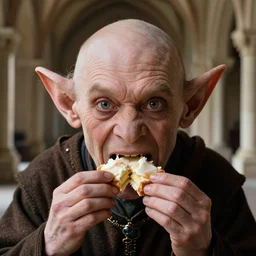 closeup face portrait of a medieval goblin eating cakes in the cloisters, depth of field, zeiss lens, detailed, symmetrical, centered, fashion photoshoot, by annie leibovitz and steve mccurry, david lazar, jimmy nelsson, breathtaking, 8 k resolution, extremely detailed, beautiful, establishing shot, artistic, hyperrealistic, beautiful face, octane render