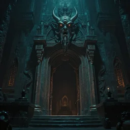 cinematic mid shot artwork of the entrance to the temple of cthulhu, dark ambience, lovecraftian colors
