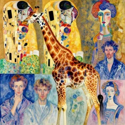a elegant giraffe!!, psychedelic, patterned skin, trending on artstation, photorealism!!, vibrant colors, digital art, in the style of harumi hironaka, gustav klimt, egon schiele, coby whitmore, david bates, monet, lisa frank, picasso, watercolor.