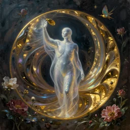 👾👗🛸🌈, phantom, dreary, flowery details, dramatic, fluid, iridescent, golden ratio, artstation, moebius + loish + wlop, hd, oil, hyper realistic,