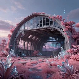 a beautiful ultradetailed rendering of hangar architecture urbex abandoned by rosa bonheur, crystal nature at dusk retrowave bladerunner 2 0 4 9 otherworldly reclaimed by nature scumm bar wilderness matte painting meadow atlantis landscape made of glass studio ghibli infrared, archdaily, wallpaper, highly detailed, trending on artstation.
