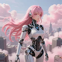 android mechanical cyborg anime girl overlooking overcrowded urban dystopia. long flowing hair. pink pastel clouds. gigantic future city. pitch black night. raining. makoto shinkai. wide angle. distant shot. dark and dreary.