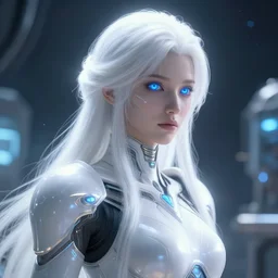 perfect white haired girl, warframe armor, beautiful, dreamy, pretty face, blue cyborg eyes, goddess, radiant light, scifi, space, futuristic laboratory, ultra realistic, intricate, glow, unreal engine, extreme details, focused, masterpiece