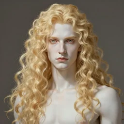 Lucius the pale blond androgynous god of the sun, highly detailed, very very very long curly blond hair, extremely luscious curly blond hair, very very very pale white skin, digital painting, artstation, concept art, soft light, sharp focus, illustration