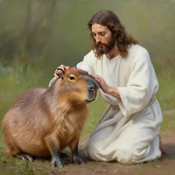 real painting of jesus petting a capybara