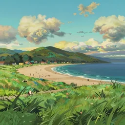 a digital art of a close up view of a field, the beach, mountain and the sea at noon, beautiful sky and clouds, colorful, by laurie greasley, artstation, studio ghibli color scheme