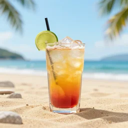 image of a drink on the beach, octane render, 4k, realism