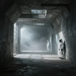 underground tunnel, brutalist architecture, sterile, iridescent mist, futuristic hazmats, unknown location, light and shadows, light refraction, 4k, cinematic, unreal engine, concept art