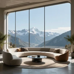 looked at big window, mountains in background, sunny day time, clear sky, futuristic, furnitures, ultra realistic, ultra detailed, cinematic light