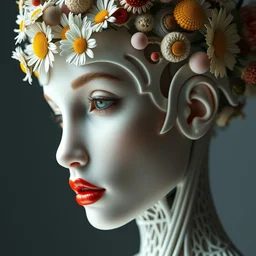 beautiful woman cyborg portrait with a smooth carved porcelain ivory profile face, elegant haute couture, iris van herpin, laser cut mesh, headdress with daisies, colorful puffballs, mushrooms, rhizomorphs, brackets, sponge corals, red plump lips, hyper detailed, ultra sharp, soft light, 8 k, uhd